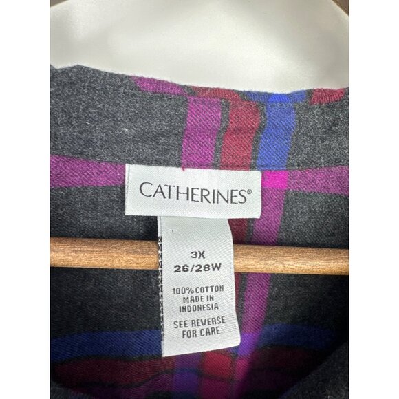 Catherines Womens Button-Up Plaid Gray/Purple Cotton Long Sleeve Shirt Size 3X - Picture 3 of 6